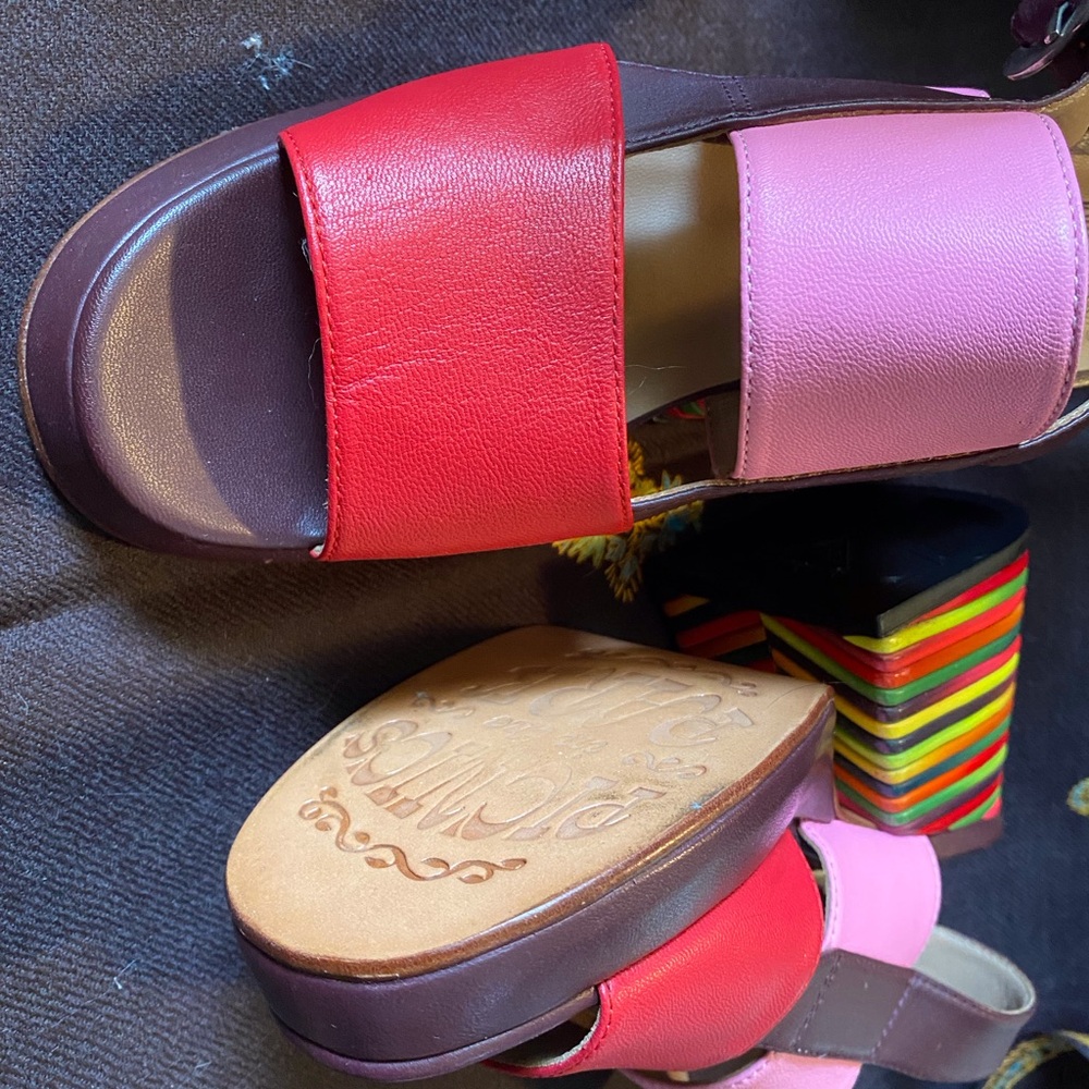John Fluevog Red and Pink Rainbow Wedge Sandals - Picture 4 of 6